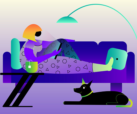 Vector illustration of a woman relaxing on her sofa watching her favorite show on her electronic device or researching. Her black dog is keeping her company. Purple color variations. Abstract, simple, stylized.