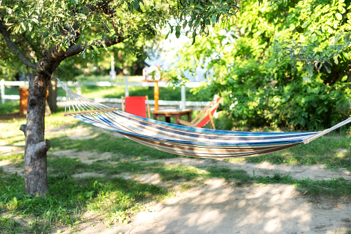 Cozy place for weekend relax in yard. Hammock hanging on tree. Cozy exterior backyard. Concept of recreation outdoor. Comfortable Hammock hanging on tree in summer garden.