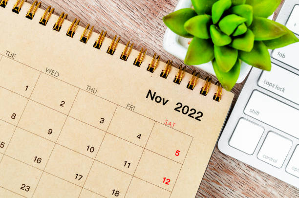 istock November 2022 desk calendar with keyboard computer on wooden background. 1403663292