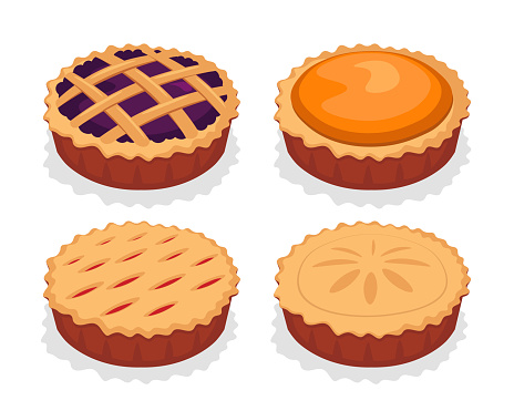 Set of delicious pies in cartoon style. Vector illustration of homemade cakes with different fillings.