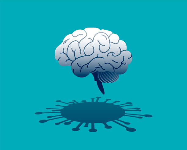 Covid-19 related mental illness A human brain cast a shadow with the Coronavirus shape. Coronavirus effect on mental health. Depression from social distancing. Pandemic fear psychology and anxiety of coronavirus. Long covid symptoms. Vector illustration long covid stock illustrations