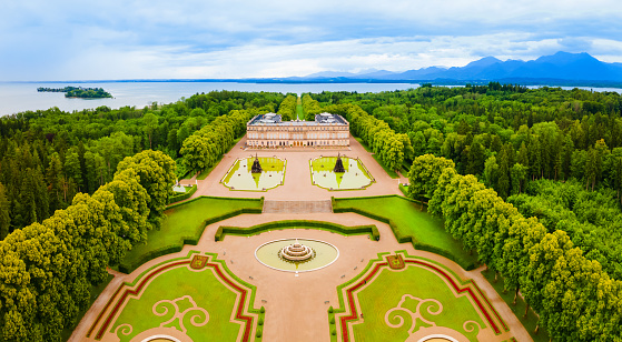 Herrenchiemsee Palace aerial panoramic view, it is a complex of royal buildings on Herreninsel, the largest island in the Chiemsee lake, in southern Bavaria, Germany
