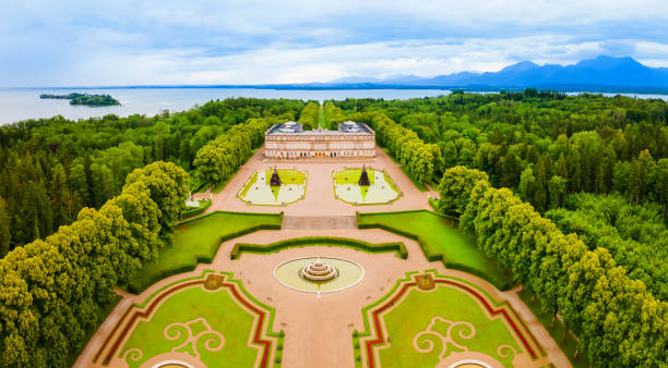 Herrenchiemsee Palace aerial panoramic view, Bavaria Herrenchiemsee Palace aerial panoramic view, it is a complex of royal buildings on Herreninsel, the largest island in the Chiemsee lake, in southern Bavaria, Germany upper bavaria stock pictures, royalty-free photos & images