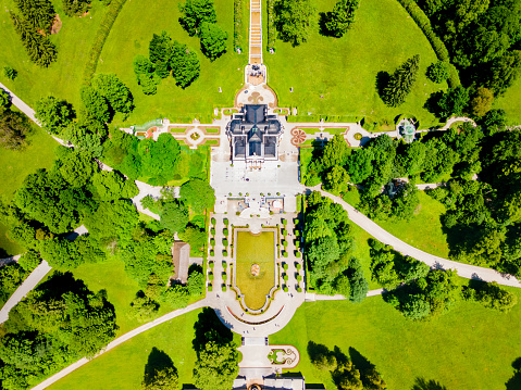 Linderhof Palace aerial panoramic view. Schloss Linderhof is located near the village of Ettal in southwest Bavaria, Germany.