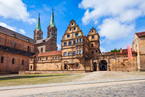 Historical Museum in the Old Court of Bamberg at Domplatz square. Bamberg is a town on the river Regnitz in Upper Franconia, Bavaria in Germany.