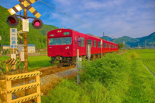 Kanzaki-gun, Kamikawa City, Hyogo Prefecture, Japan. June,5,2022:JR Railway-Bantan Line.\n A train that runs between Teramae Station and Hase Station.