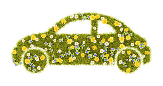 Flowery Grassy Car Shape Isolated on White Background 3D Illustration, Zero Emissions Concept