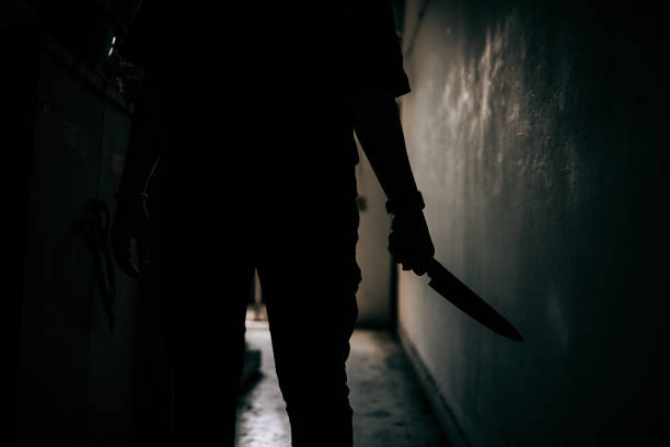 The shadow of a female murderer stood terrifyingly holding a knife and lit from behind.Scary horror or thriller movie mood or nightmare at night Murder or homicide concept. The shadow of a female murderer stood terrifyingly holding a knife and lit from behind.Scary horror or thriller movie mood or nightmare at night Murder or homicide concept. knife crime photos stock pictures, royalty-free photos & images