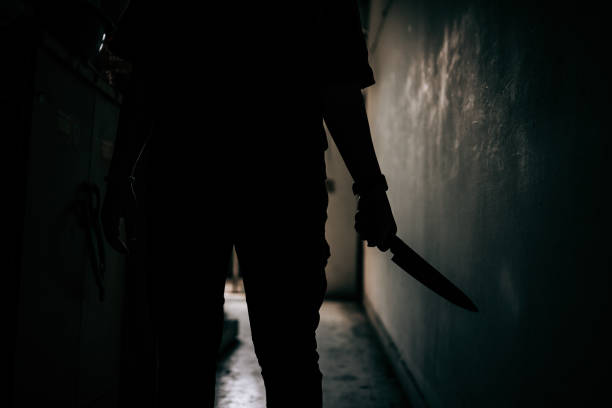 The shadow of a female murderer stood terrifyingly holding a knife and lit from behind.Scary horror or thriller movie mood or nightmare at night Murder or homicide concept. The shadow of a female murderer stood terrifyingly holding a knife and lit from behind.Scary horror or thriller movie mood or nightmare at night Murder or homicide concept. killing stock pictures, royalty-free photos & images