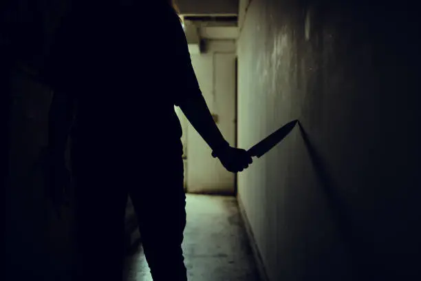 Photo of The shadow of a female murderer stood terrifyingly holding a knife and lit from behind.Scary horror or thriller movie mood or nightmare at night Murder or homicide concept.