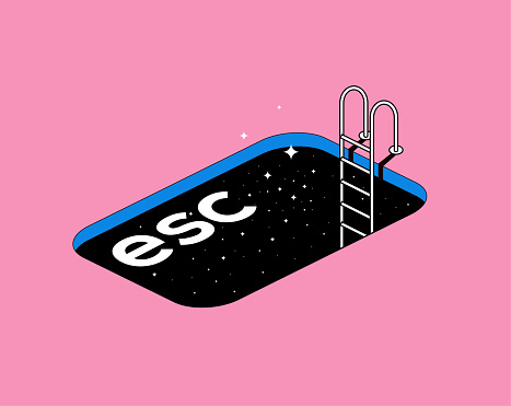 Escape conceptual metaphor illustration with escape computer button in the form of a pool with stairs and starry night texture. Vector eps 10  illustration