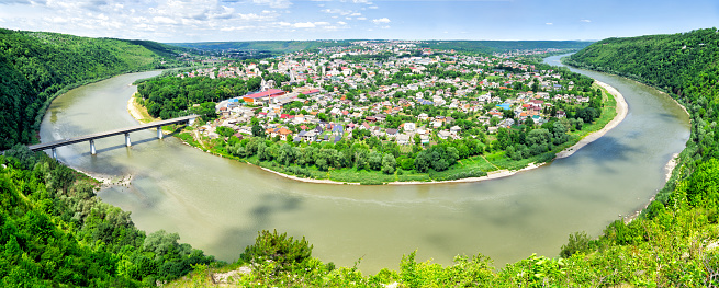 Panoramic view of Dnister river canyon and Zalishchyky town in Ternopil region of Ukraine