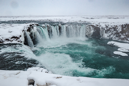 Goðafoss waterfall is located in the river Skjálfandafljót in north Iceland, the fourth-largest river in Iceland. It is one of the most spectacular waterfalls in the country, falling from a height of 12 meters (39 feet) over a width of 30 meters (98 feet).