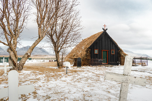 Church built of blocks of peat in Iceland. The Vidimýrarkirkja\nwas built of driftwood in 1843. The church is still in use by the locals of Skagafjördur.
