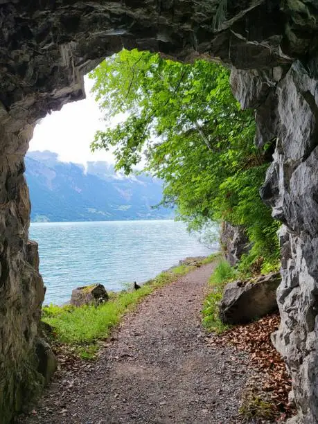 View of hiking trail in Iseltwald village during summer season on Lake Brienz shore in Jungfrau region, Canton Bern, Switzerland.