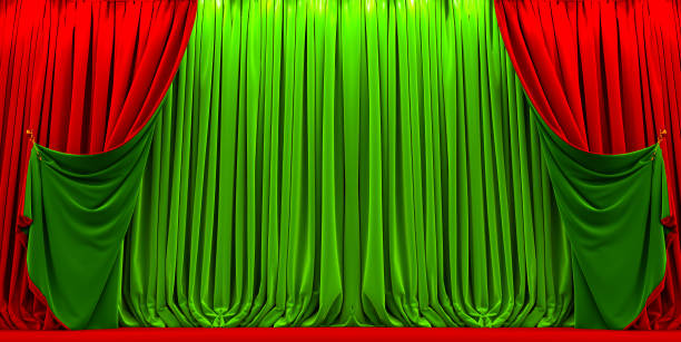 3D render of open red and green curtains background template.  theater curtain