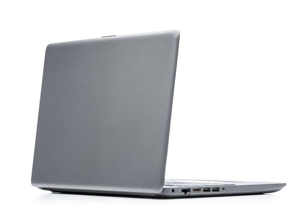 istock Modern laptop isolated on white background. Rear view 1403688908