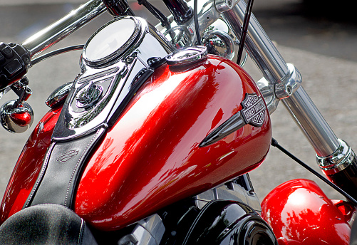 Red Harley-Davidson motorcycle detail. June 12, 2022. Jaguariuna, State of São Paulo, Brazil