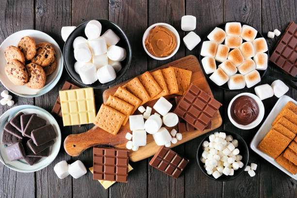 Smores buffet overhead view table scene on a dark wood background
