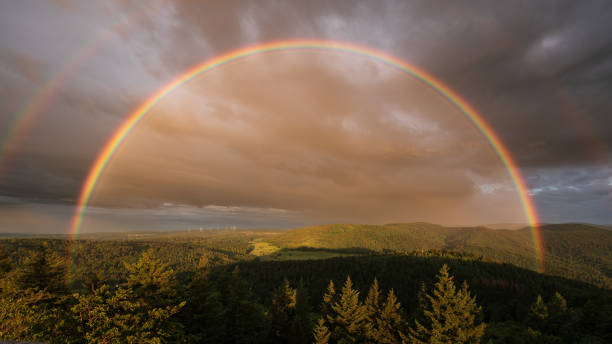 dreamlike rainbow after a summer thunderstorm shortly before the sun goes down - forest black forest sky night imagens e fotografias de stock