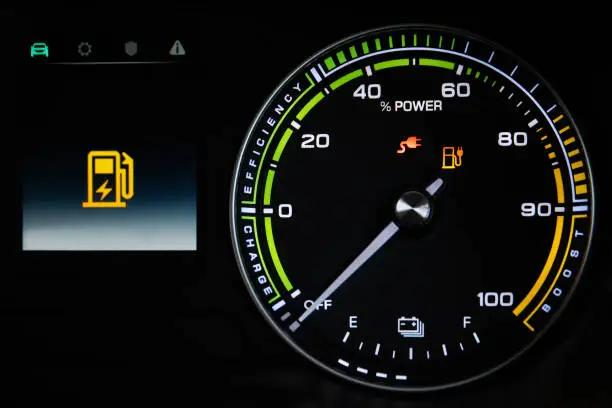 Digital modern dashboard in a electric vehicle - EV while charging at the charging station, battery electric vehicle or BEV. Dashboard in the vehicle showing charging status.