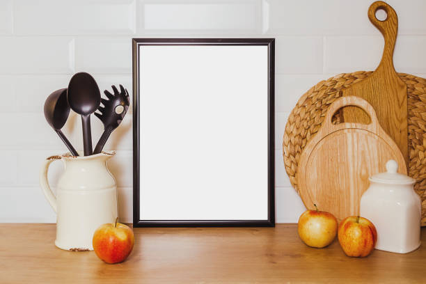 istock kitchen template, mockup for poster in black frame. Vintage design with fruits 1403695188