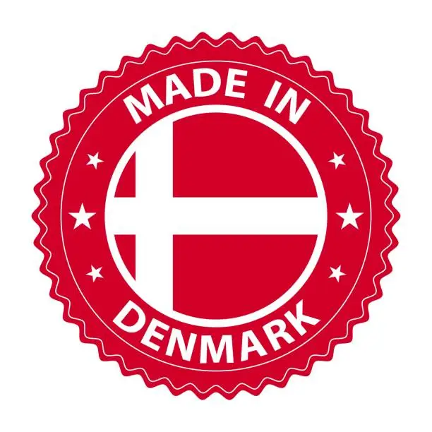 Vector illustration of Made in Denmark badge vector. Sticker with stars and national flag. Sign isolated on white background.