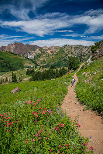 A senior woman, carrying her photo backpack, hiking during the summer in the Wasatch Mountains of Utah.