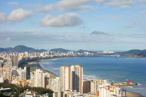 panoramic aerial view of Santos city on the coast of Sao Paulo, Brazil.
