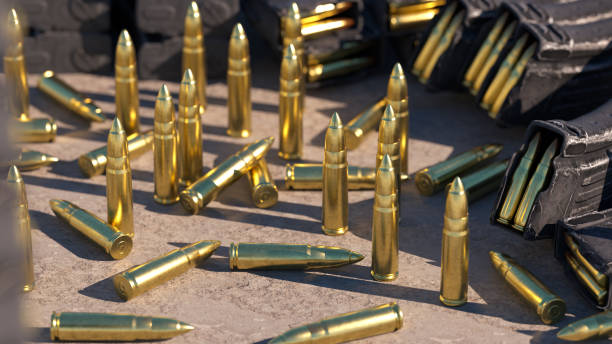 Cartridges 7.62 caliber for ak 47 closeup. Selective focus | 3D Render Cartridges 7.62 caliber for ak 47 closeup. Selective focus | 3D Render ak 47 bullets stock pictures, royalty-free photos & images