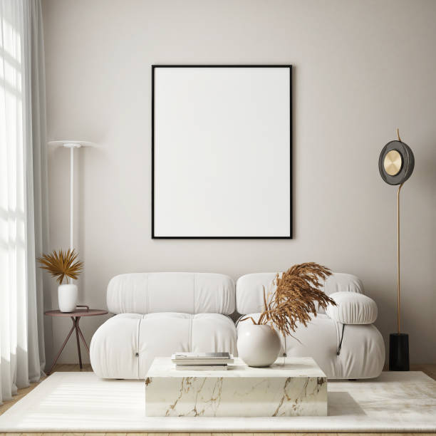 istock mock up poster frame in modern interior background, living room, Scandinavian style, 3D render, 3D illustration 1403706303