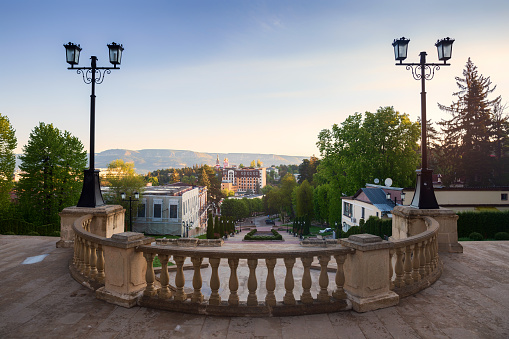Kislovodsk at sunrise. View of the city from the top of the Cascade Stairs