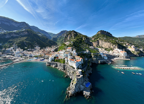 View from above, stunning panoramic view of the villages of Amalfi and Atrani. Amalfi and Atrani are two cities on the Amalfi Coast in the province of Salerno in the Campania region of south-western Italy.