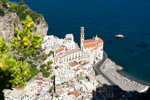 View from above, stunning aerial view of the village of Atrani. Atrani is a city and comune on the Amalfi Coast in the province of Salerno in the Campania region of south-western Italy.