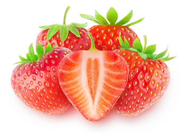 istock Isolated cut strawberries, top view 1403708624