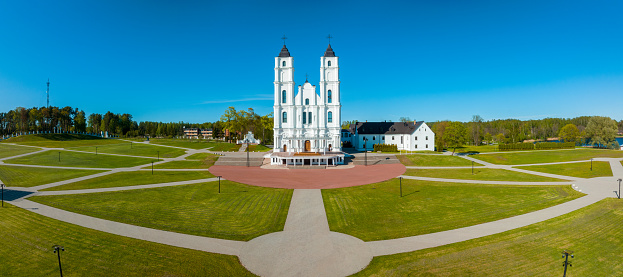 Beautiful Aerial view of the white Chatolic Church basilica in Latvia, Aglona. Basilica in Aglona, Latvia.