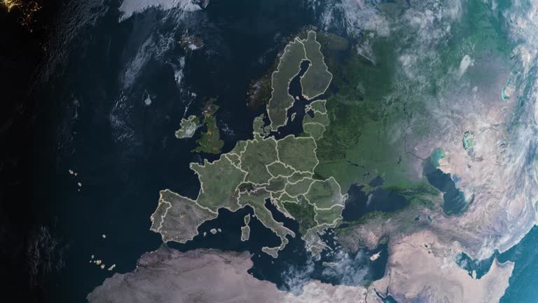 Highlighted European Union countries map, zooming in from the space through a 4K photo real animated globe, with a panoramic view consisting of Asia, Africa and Europe. Epic spinning world animation, Realistic planet earth, highlight,