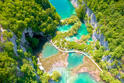Paradise waterfalls of Plitvice lakes national park aerial view, panoramic view, Croatia