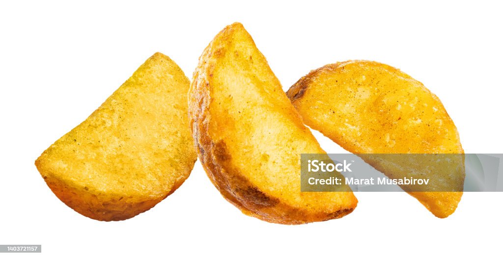 Three delicious potato wedges on white Three delicious potato wedges, isolated on white background Baked Stock Photo