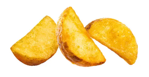 Three delicious potato wedges, isolated on white background