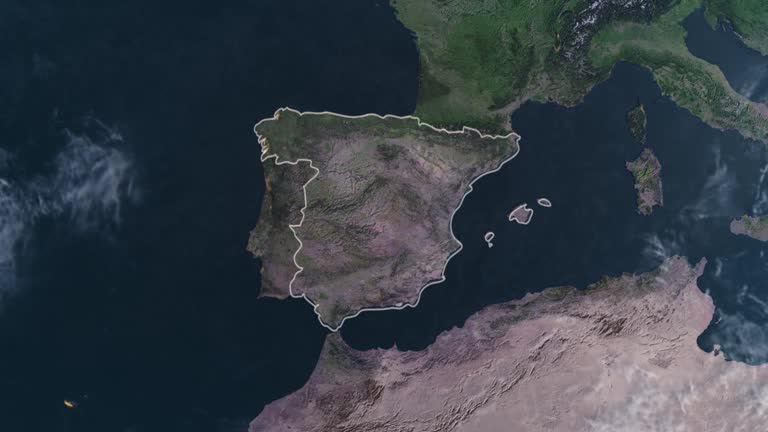 Highlighted Spain map, zooming in from the space through a 4K photo real animated globe, with a panoramic view consisting of Asia, Africa and Europe. Epic spinning world animation, Realistic planet earth, highlight, satellite, aerial