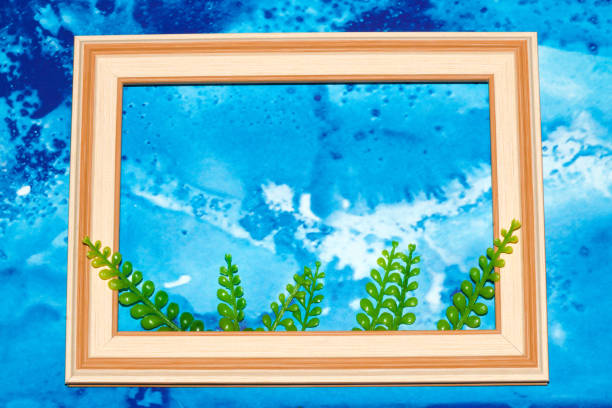 blue paper water abstract background with frame as copy space, in frame and jungle leaves, creative summer natural design