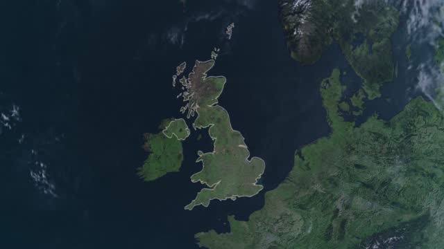 Highlighted United Kingdom map, zooming in from the space through a 4K photo real animated globe, with a panoramic view consisting of Asia, Africa and Europe. Epic spinning world animation, Realistic planet earth, highlight, satellite, aerial