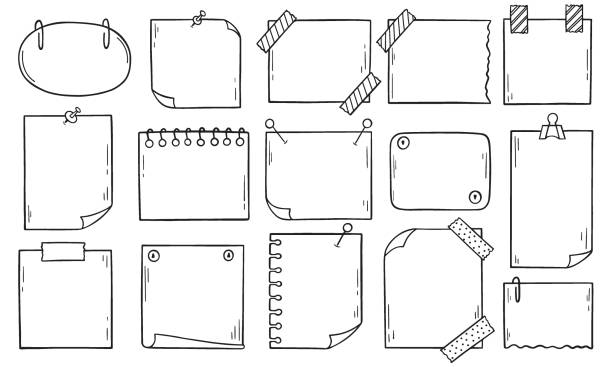 ÐÐ»Ñ ÐнÑеÑнеÑа Set of Paper page doodle. Memo paper sheets, sticky note, reminder, notepad page with clip, pins and scotch tape in sketch style. Hand drawn vector illustration isolated on white background. cartoon of glue stick stock illustrations