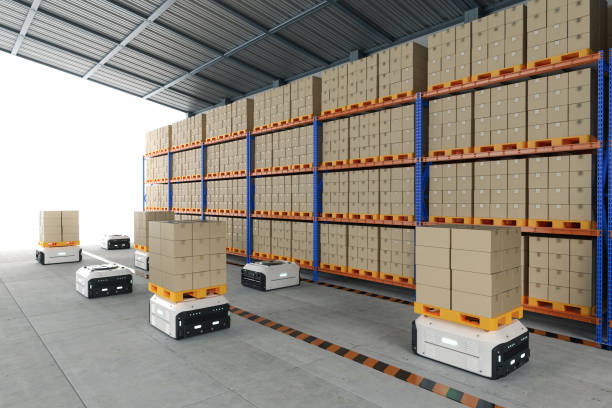 istock Automation warehouse management with robot carry cardboard box 1403734656
