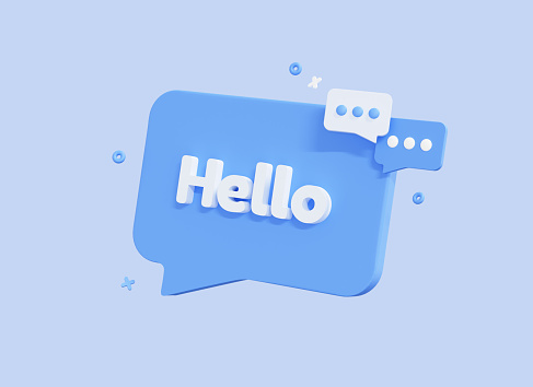 Hello speech bubble banner. Message bubble concept with text Hello, Hi. Greeting in chat. Communication concept. Cartoon design element isolated on blue background. 3D Rendering