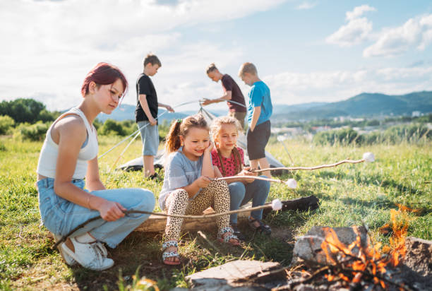 istock Three sisters sitting near campfire, smiling and roasting marshmallows and candies on sticks over while brothers set up the green tent. Happy family outdoor picnic camping activities concept. 1403734814