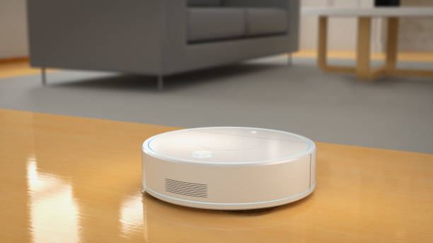 istock Robot vacuum cleaner or sweeper in house 1403734818