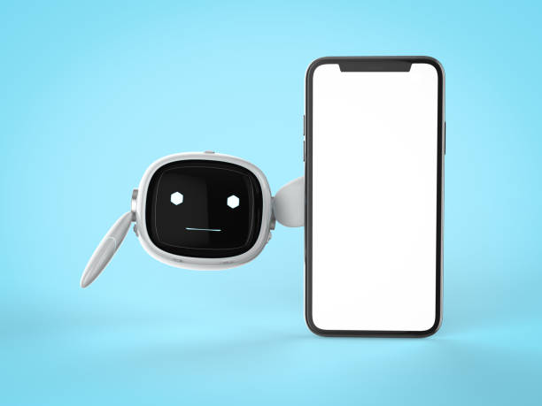 istock Cute assistant artificial intelligence robot no leg with mobile phone 1403734936