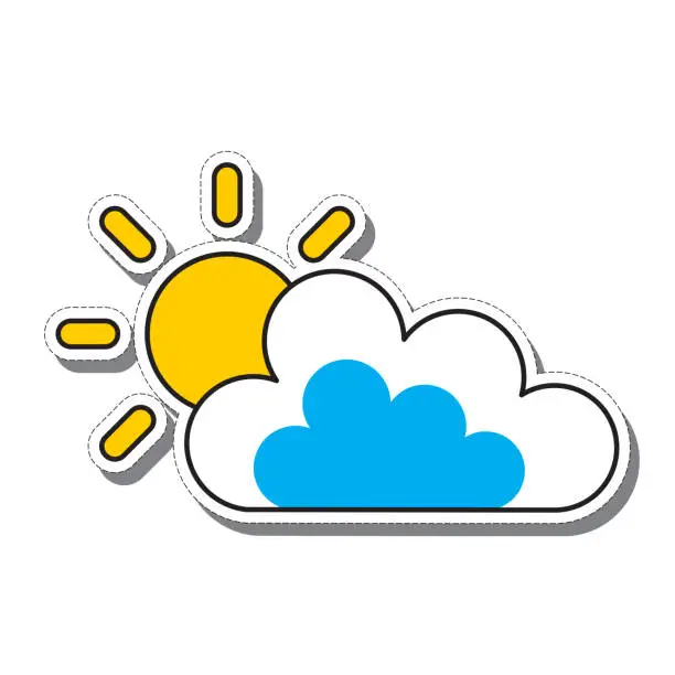 Vector illustration of Cartoon sticker of the Sun behind a cloud on a white background. Vector illustration.